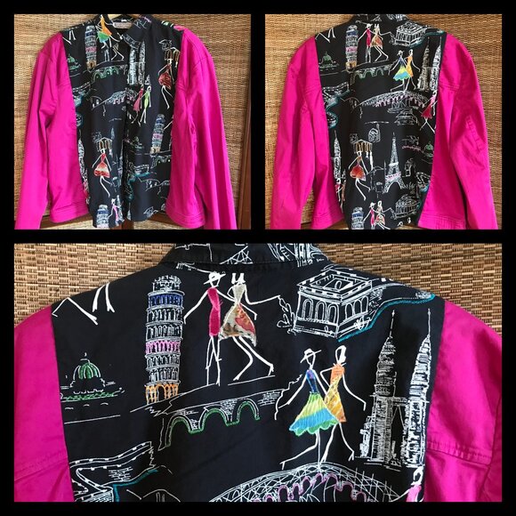 Funky Oversized Blazer, M-L: Paris Print, Fuchsia Spliced Button-Down Jacket - Picture 12 of 12